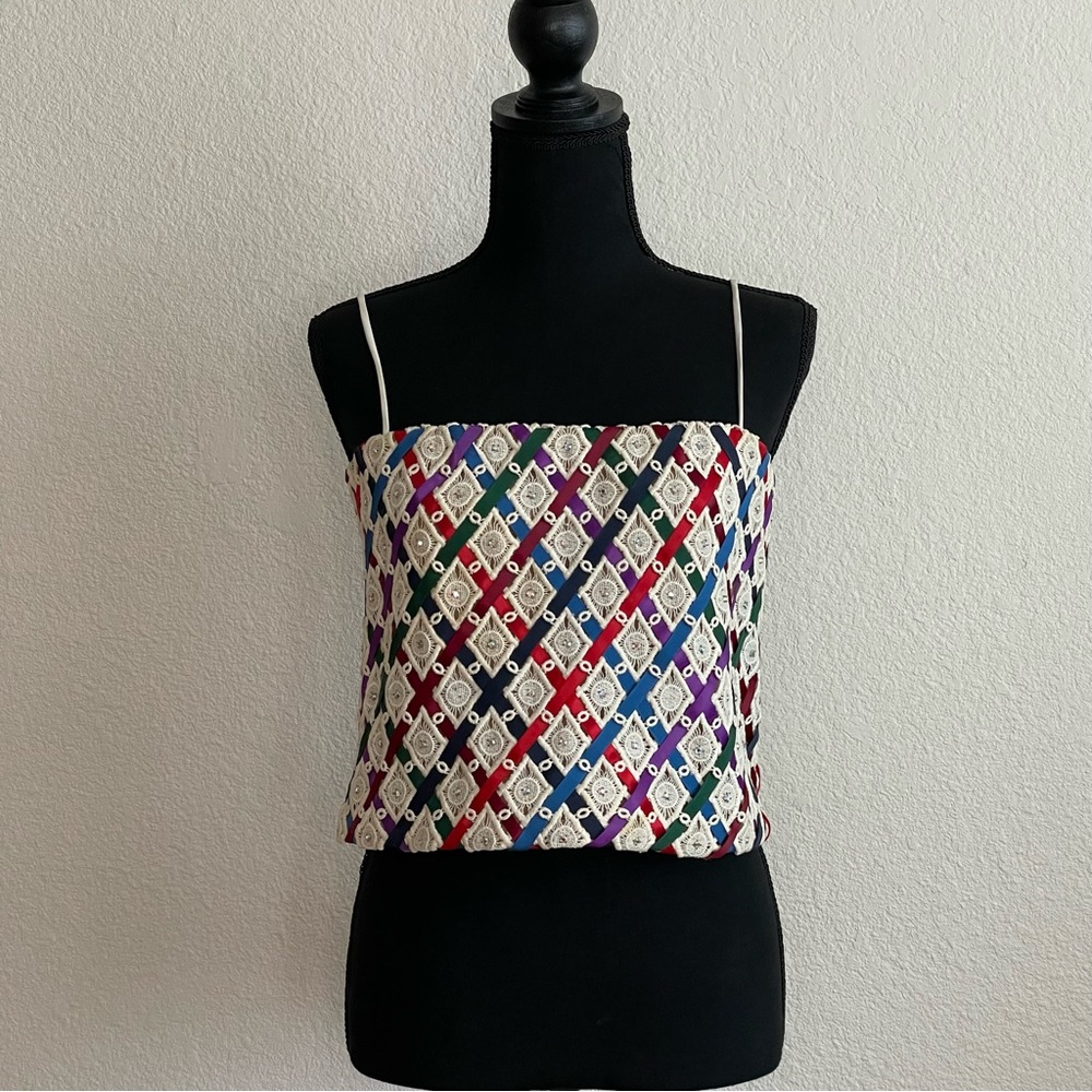 Vintage Embroidered Multicolor Ribbon Spaghetti Straps Sparkly Crop Top